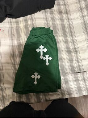 Green Kids Athletic Shorts with White Cross Accents